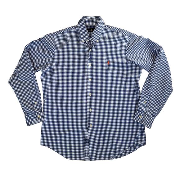 Ralph Lauren Men's Size Medium Blue Gingham Button-Down Shirt Cotton Orange Logo - Picture 1 of 7